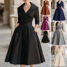 Ladies Satin Elegant Long Sleeve Evening Party Midi Dress Womens V-Neck Dresses