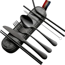 Portable Utensils Travel Camping Cutlery Set 8 PC Knife Fork Spoon BLACK