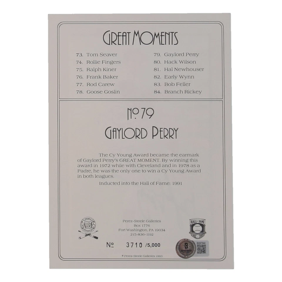 Cartão Perez Steele Great Moments assinado por Gaylord Perry #79 - Imagem 2 de 2