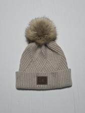 C.C Exclusive Beanie Womens One Size Beige Cable Knit Faux Fur Pom