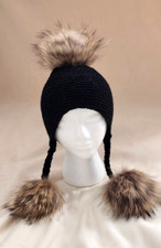 Black Winter Knit Hat Baby Toddler Child Genuine Raccoon Fur Pom Pom Removable