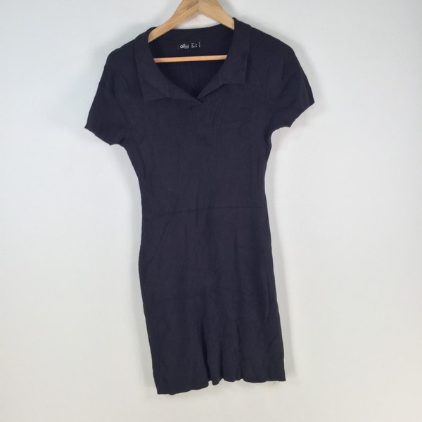 Ally bodycon dress womens L black knit short sleeve collar mini 103813