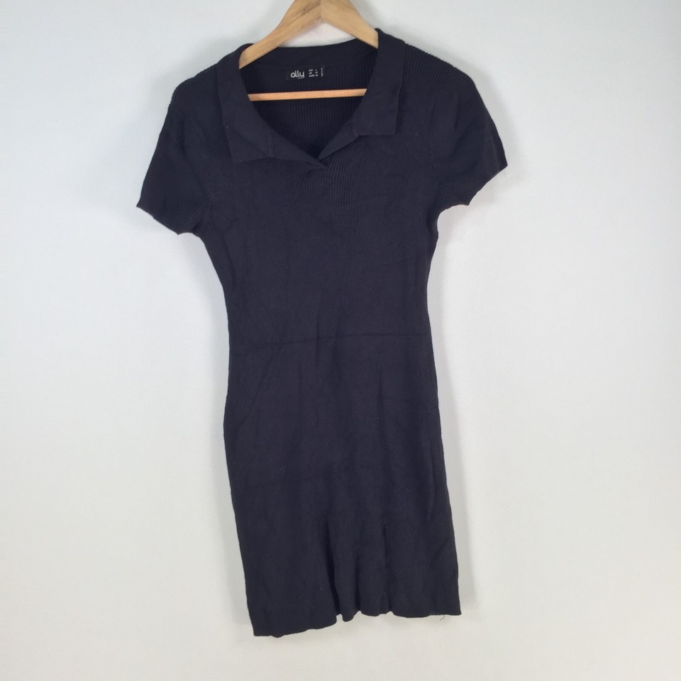 Ally bodycon dress womens L black knit short sleeve collar mini 103813