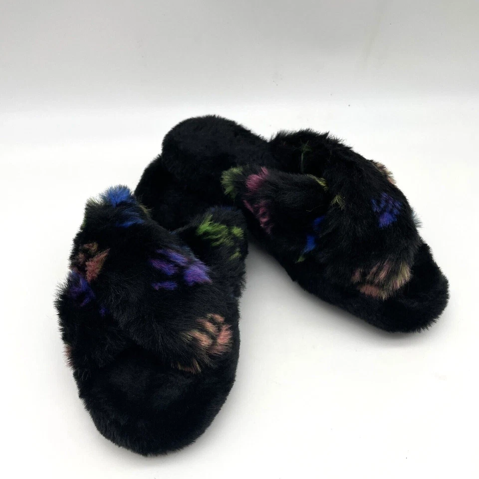 NWOB Bearpaw Brielle X-band Black Faux Fur & Colorful Pawprints Slides Size 6.5 - Image 4 of 4