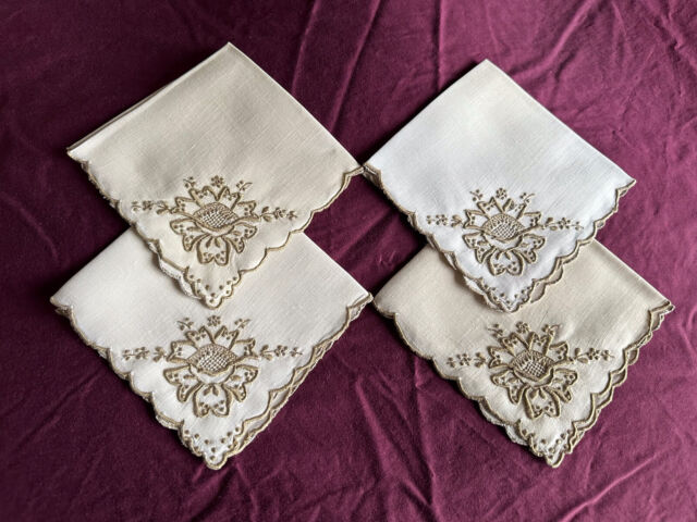 Vintage Set 4 Cream Linen Afternoon Tea Napkins Madeira Work Hand Embroidery Vintage Set 4 Cream Linen Afternoon Tea Napkins Madeira Work Hand Embroidery