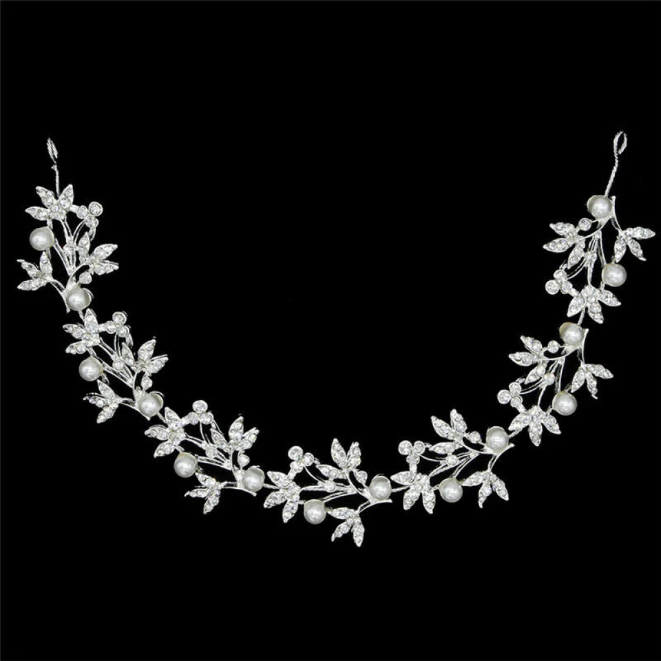 Diadema de boda de vid nupcial de cristal perla flexible plateada accesorio para el cabello HFUK Foto 3 de 4