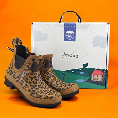 New Joules Rain Boots Wellibob Brown Tan Leopard Print Size US