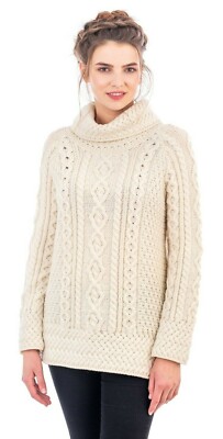 SAOL Irish Fisherman Aran Women's 100% Merino Wool Oversize Turtleneck Sweater