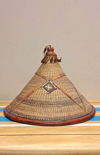 Authentic African Tribal Hat Leather & Straw Fulani Hat Mali West Africa Vintage - Picture 14 of 14