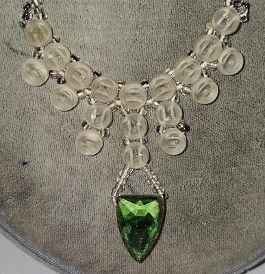 Art Deco White Green Botton Lucite Double Side Handmade Strung Necklace