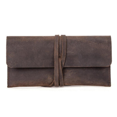 Retro Crazy Horse Leather Roll Up Pencil Case Pen Pouch Sunglasses Storage Bag+