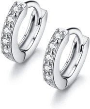White Gold Finish Small HUGGIE Hoop Cubic Zirconia Earrings 925 Sterling Silver