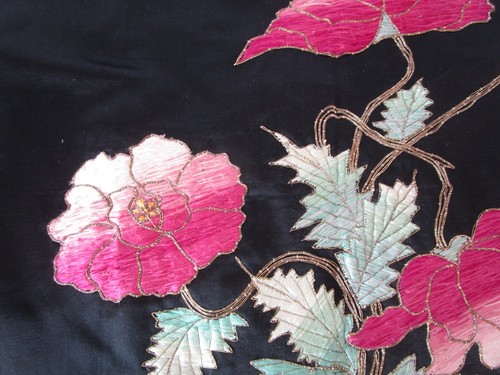 Antique Black Silk Embroidered Pink Ombres Peony Flowers 20"sq fabric - Picture 3 of 13