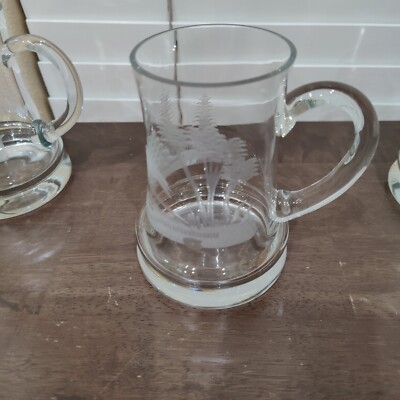 3 Anchor Hocking Clear Mugs Etched With A Bird In Flight 4'' W 5''