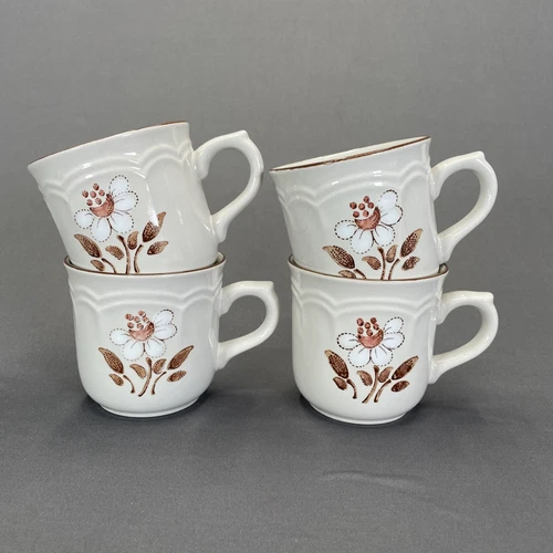Hearthside Cumberland Mayblossom Brown Coffee Mugs 3 1/8" Set Of 4 Stoneware
