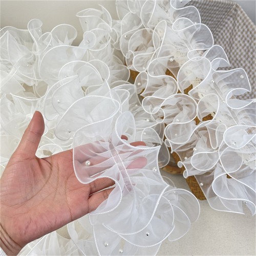 200cm Pearl Nail Beaded Ruffle Organza Lace Trim for Lolita Dress Sewing DIY - Picture 10 of 20