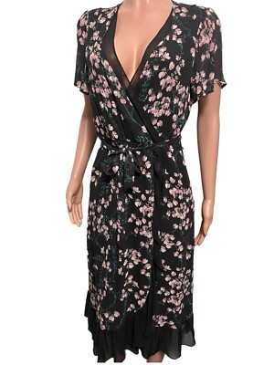 paige sheer dress Paige S 100 % silk Floral Black Ruffle Sheer Trim Detail V-neck Wrap Midi  Dress