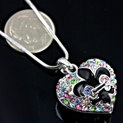 Gorgeous Crystal Fleur De Lis Heart Pendant Necklace 18'' Chain Fast Shipping