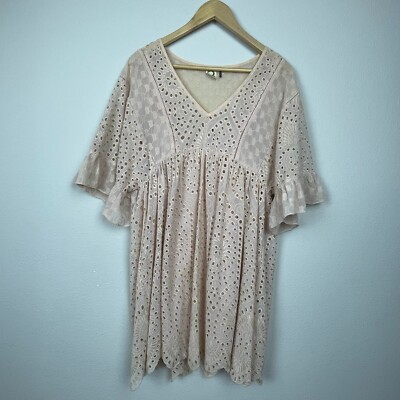 Anthropologie Akemi + Kin Peach Eyelet Babydoll Dress Sz 0 Boho Fairy Festival