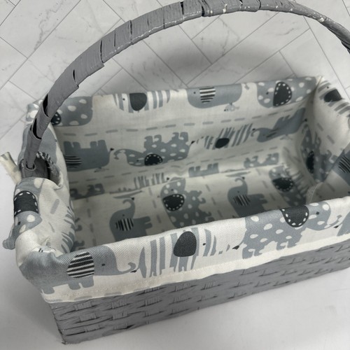 Multi Elephant Print Gray White Woven Basket Handle Storage Organize Nursery - Picture 3 of 11