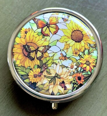 Sunflowers Monarchs 3 Compartment Purse Travel Vitamin Pill Box Secure Container