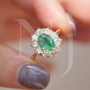 Authentic 1.10 CT Oval Cut Lab Grown Emerald Engagement Ring 14K Yellow Gold Plated