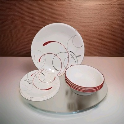 VTG 12pc. Corelle ''SPLENDOR'' Dinner & Bread Plates Cereal Bowls Red Gray Swirl