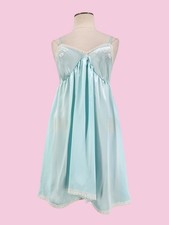 Vintage Babydoll Nightie Gown Coquette Dainty Satin Lace Embroidery Blue Medium 