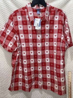 LIZ & ME 3X 26/28 W Women's Blouse SHIRT TOP Red & White Hearts Plaid Gingham