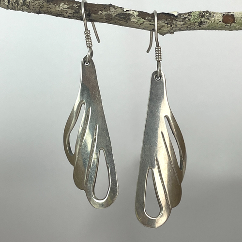 Vintage Sterling Silver Mexico 925 Abstract Leaf Shell Wings Dangle Earrings