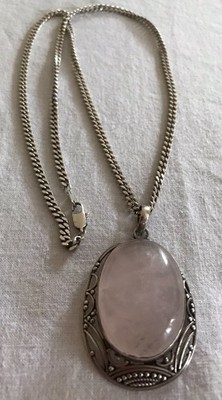 Großer Vintage 925 Silber & Rosenquarz Anhänger Halskette 18k Weißgold Plt Kette