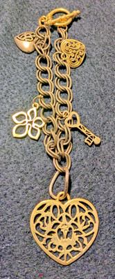 Gold Tone Charm Bracelet Heart Key Clover Filigree Toggle Clasp Vintage Style