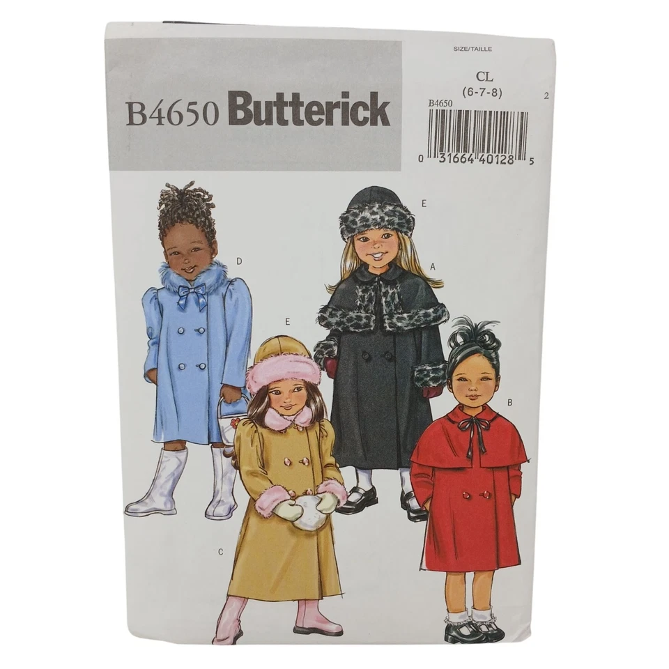 Butterick B4650 Childrens Girls CL 6-7-8 Coat & Hat Sewing Pattern Uncut #D-17 - Image 2 of 4