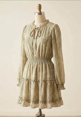 Cake N Caviar Rain Sage Green Snake Print Ruffle Mini Dress Smocked Waist Size L