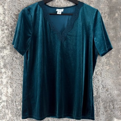 Jaclyn Smith Size M Floral Lace V Neck Casual Top Teal Short Sleeve Stretch