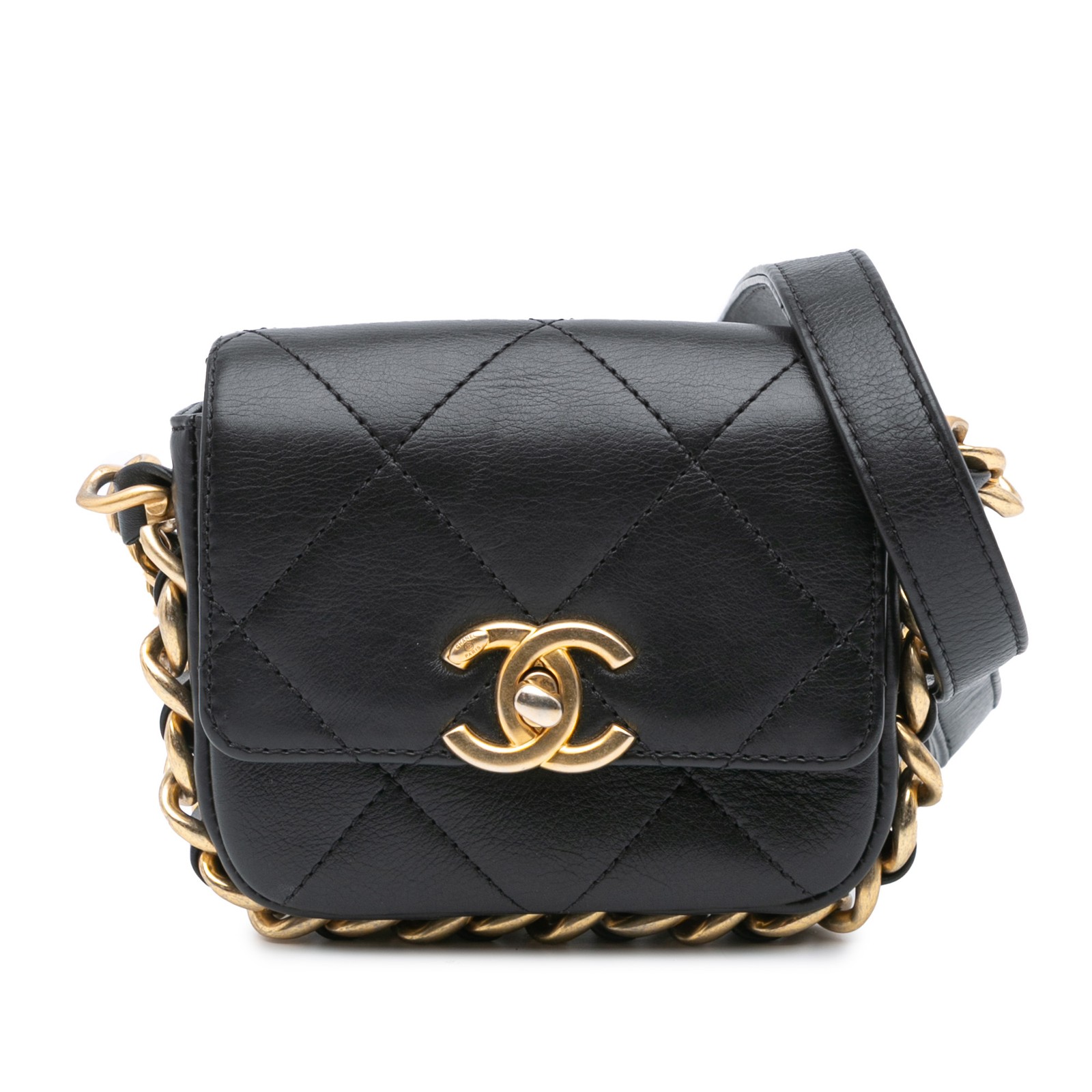 Chanel Authentic Mini Quilted Calfskin Black Chain Flap Bag