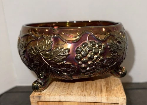 Fenton Vintage Blue Carnival Glass 3 Footed Fernery Bowl, Antique Grape & Cable