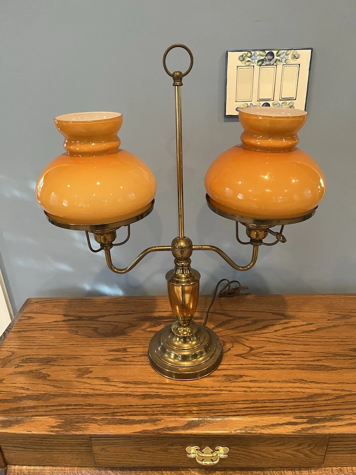 Vintage Double Arm Brass Student Lamp w/ Butterscotch Glass Shades - Image 2 of 4
