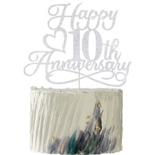 Silver Glitter Happy 10th Anniversary Cake Toppers Silver-10