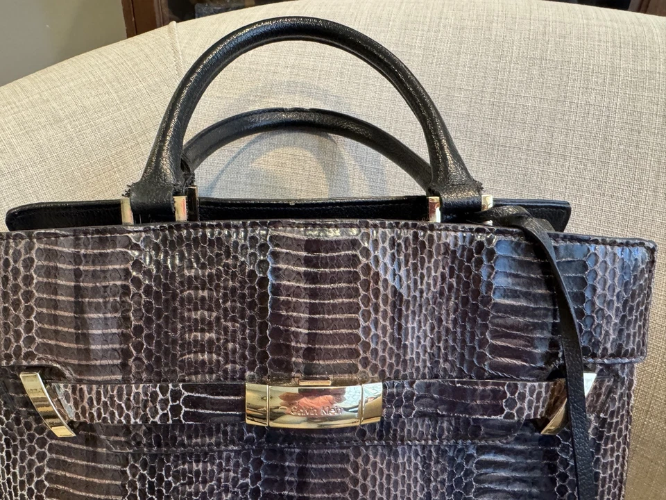 Calvin Klein Purse Handbag Bag Croc Embossed Brown Black Gray - Image 2 of 4