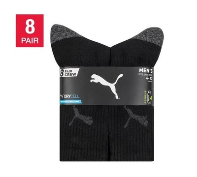 PUMA Men's Crew Sock, 8-pair DryCell Fits shoe size 6-12 White or Black