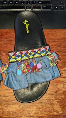 4Giveness braided denim frill tassel embellished women's sandal new size 6 / 37