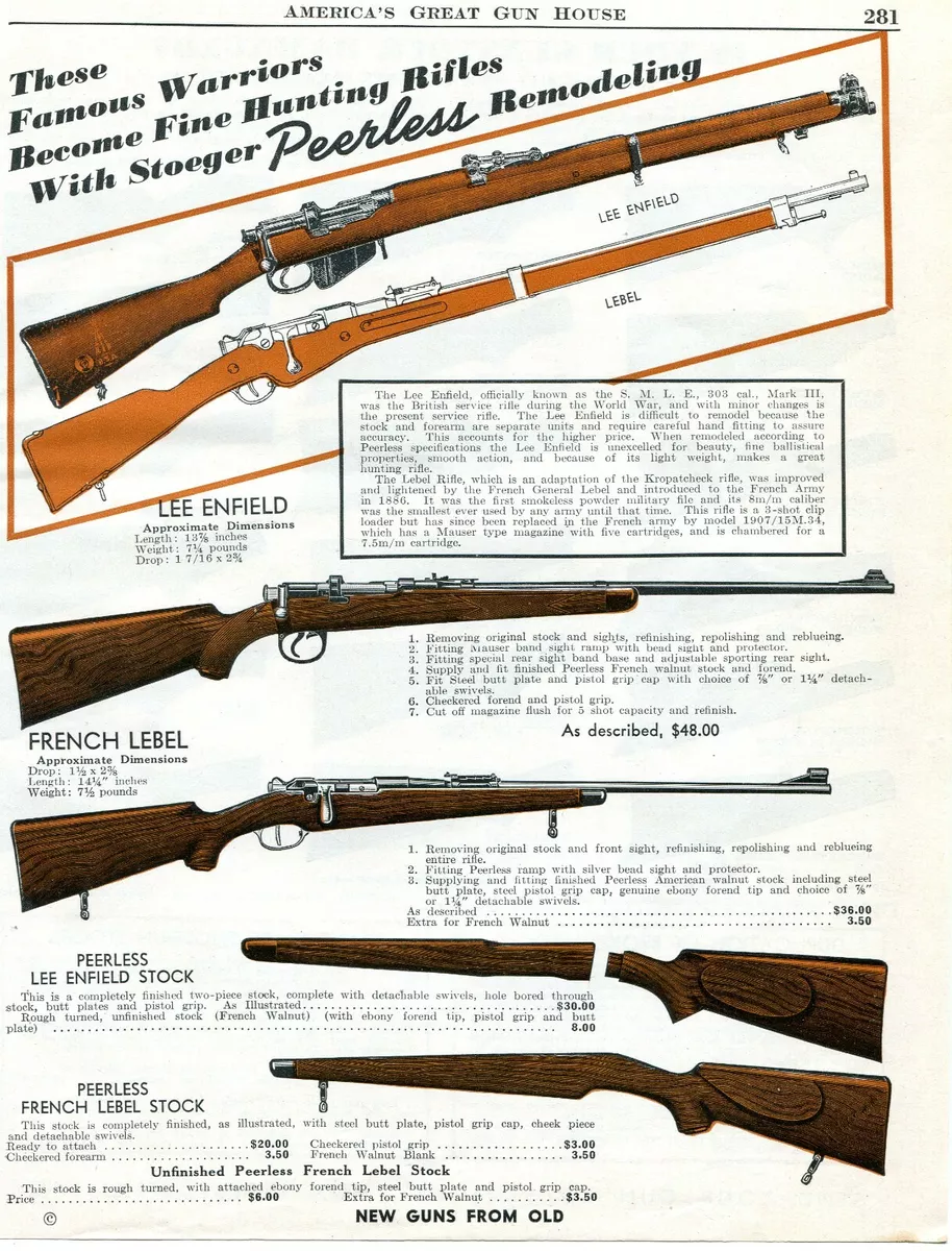 1943 Print Ad of Peerless Rifle Gun Stocks for Lee Enfield SMLE 303cal Mark III