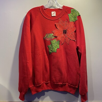 80s PLAY BOY USA製 jerzees sweat shirt Vtg 80s Puff Paint Flowers Leaves Floral Poinsettia Sweatshirt