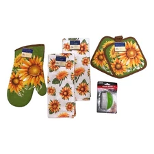 Sunflower Kitchen Set - Towel Pot Holder Oven Mitt Veggie Brush Farmhouse Decor