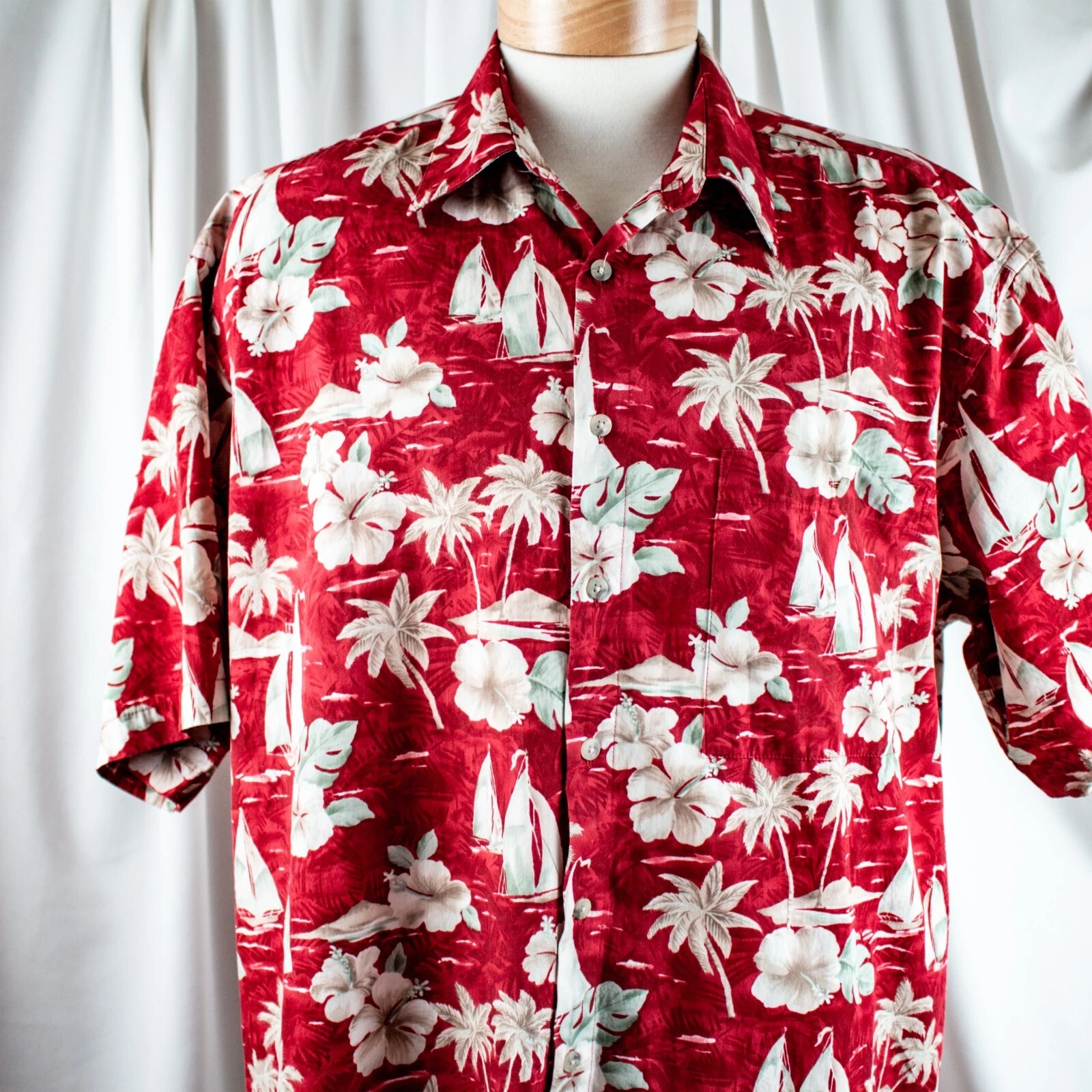CAMPIA MODA Red Green Beige Floral Palm Men Short Sleeve Shirt Size XL