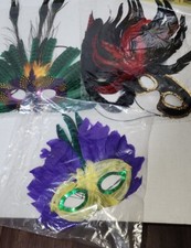 3 Mardi Gras Feather Eye Masks Purple, Green Yellow Peacock So COOL HALLOWEEN