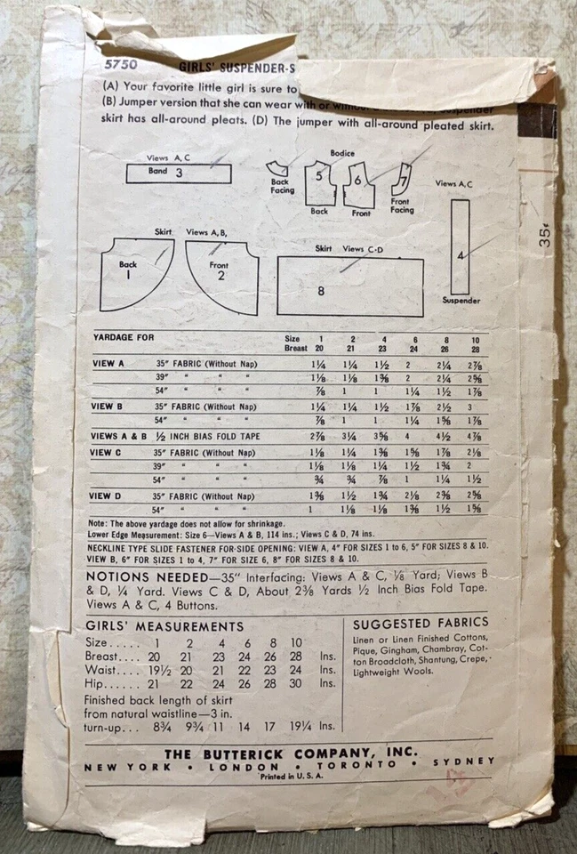 VTG 1950s Butterick Sewing Pattern 5750 Girls Suspender Skirt Jumper 2/21 TOT - Image 2 of 2