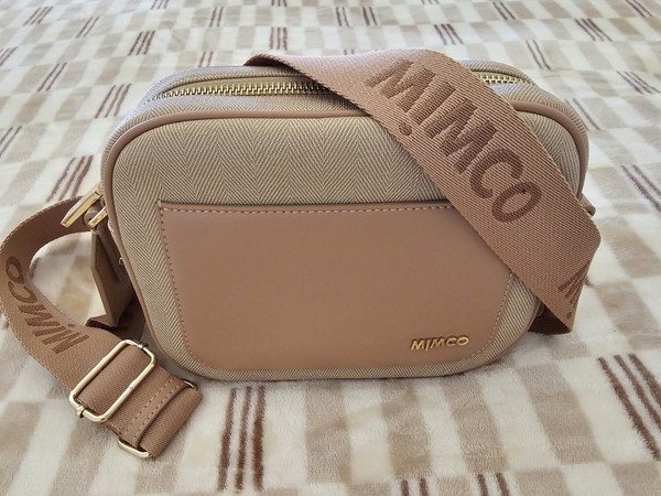 Mimco Beige Pink Herringbone Canvas/Leather Crossbody Bag Zip Gold Hardware