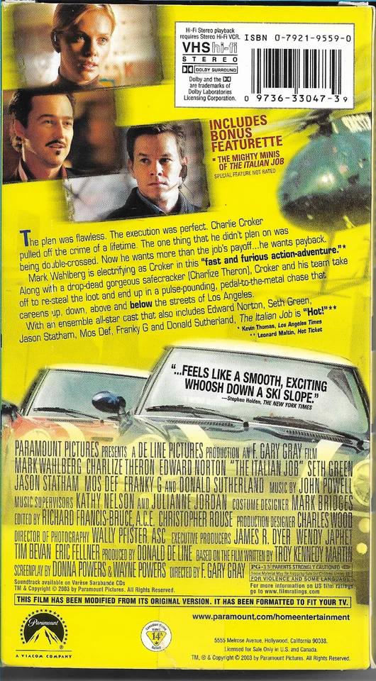 The Italian Job (VHS, 2003) - Mark Wahlberg, Charlize Theron & Edward Norton!!! - Image 2 of 2